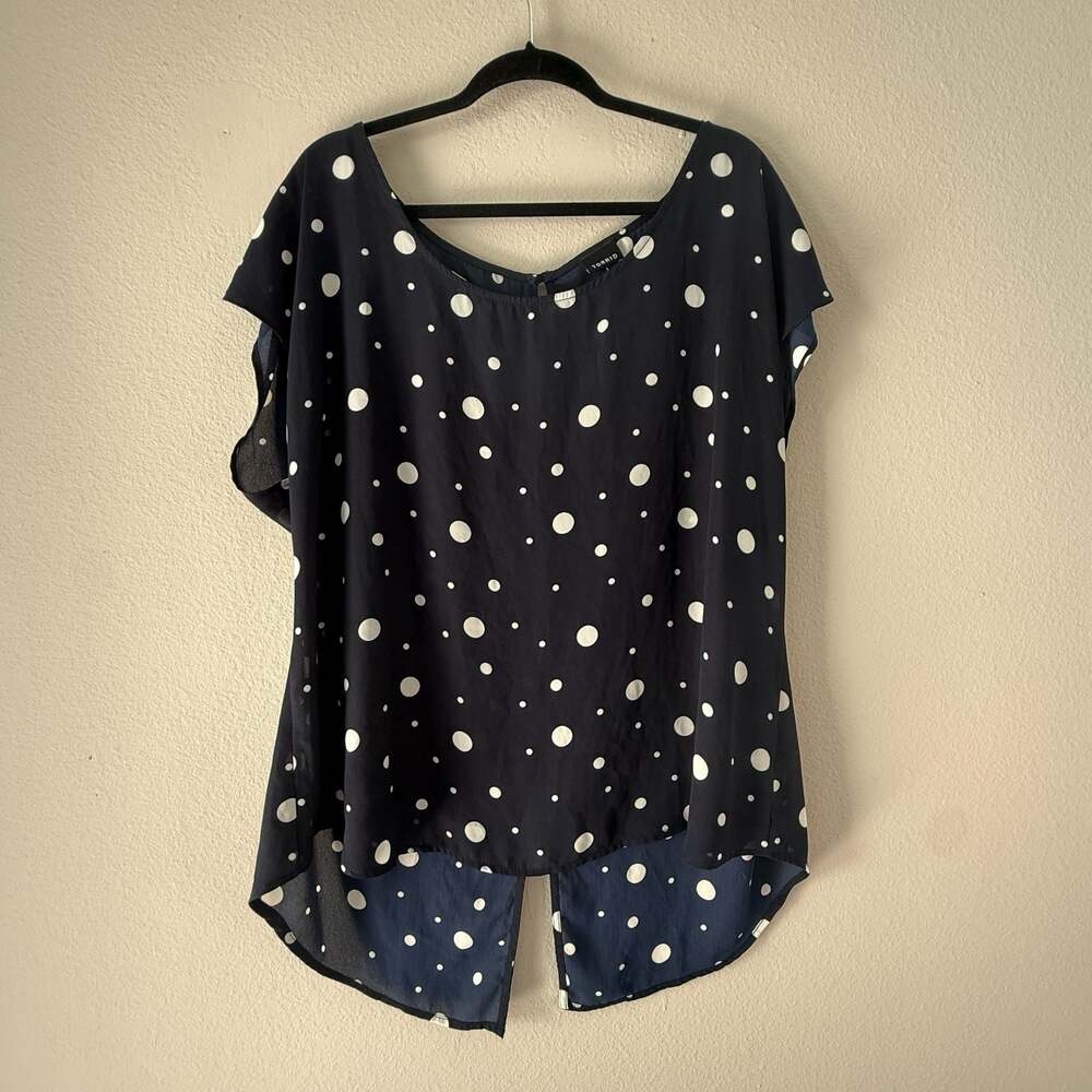 Torrid Navy Blue and White Polka Dot Split Back Summer Flowy Blouse